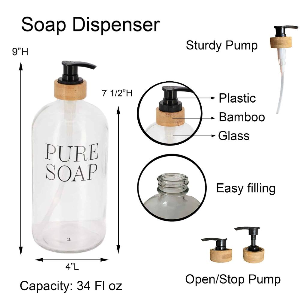 Evideco Glass And Bamboo Soap Dispenser PURE SOAP 34 FL OZ Bathroom Accessories Soap & Lotion Dispensers