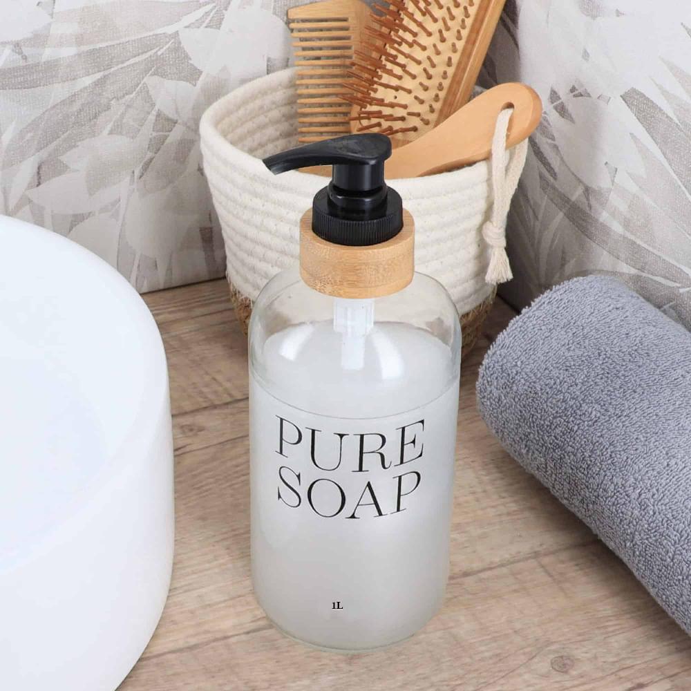 Evideco Glass And Bamboo Soap Dispenser PURE SOAP 34 FL OZ Bathroom Accessories Soap & Lotion Dispensers