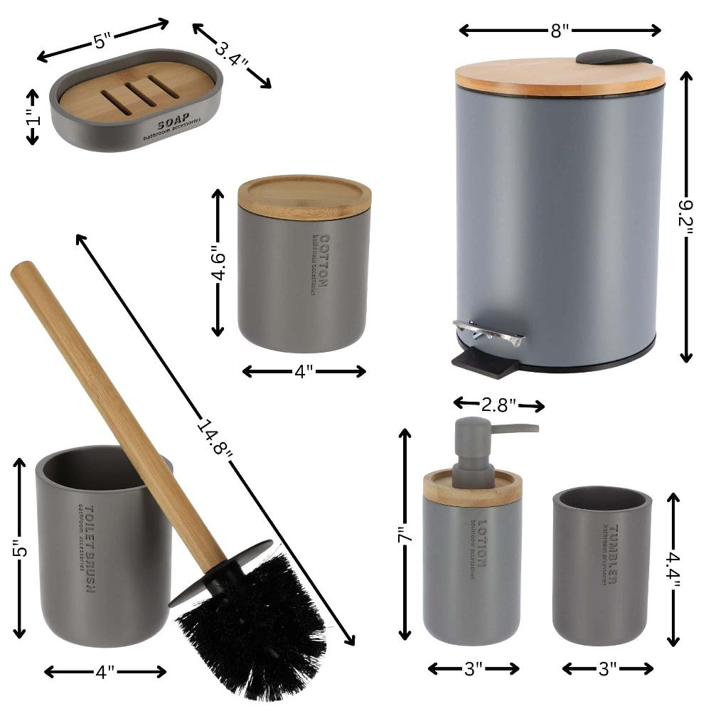 Evideco Gray Bathroom Accessories With Natural Accents Modern 6-piece Set Bathroom Accessories Bath Coordinate Sets