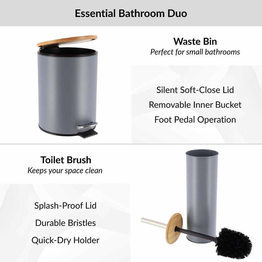 Evideco Gray Bathroom Set With Bamboo Lid – Matte Metal Trash Can And Toilet Brush Bathroom Accessories Bath Coordinate Sets