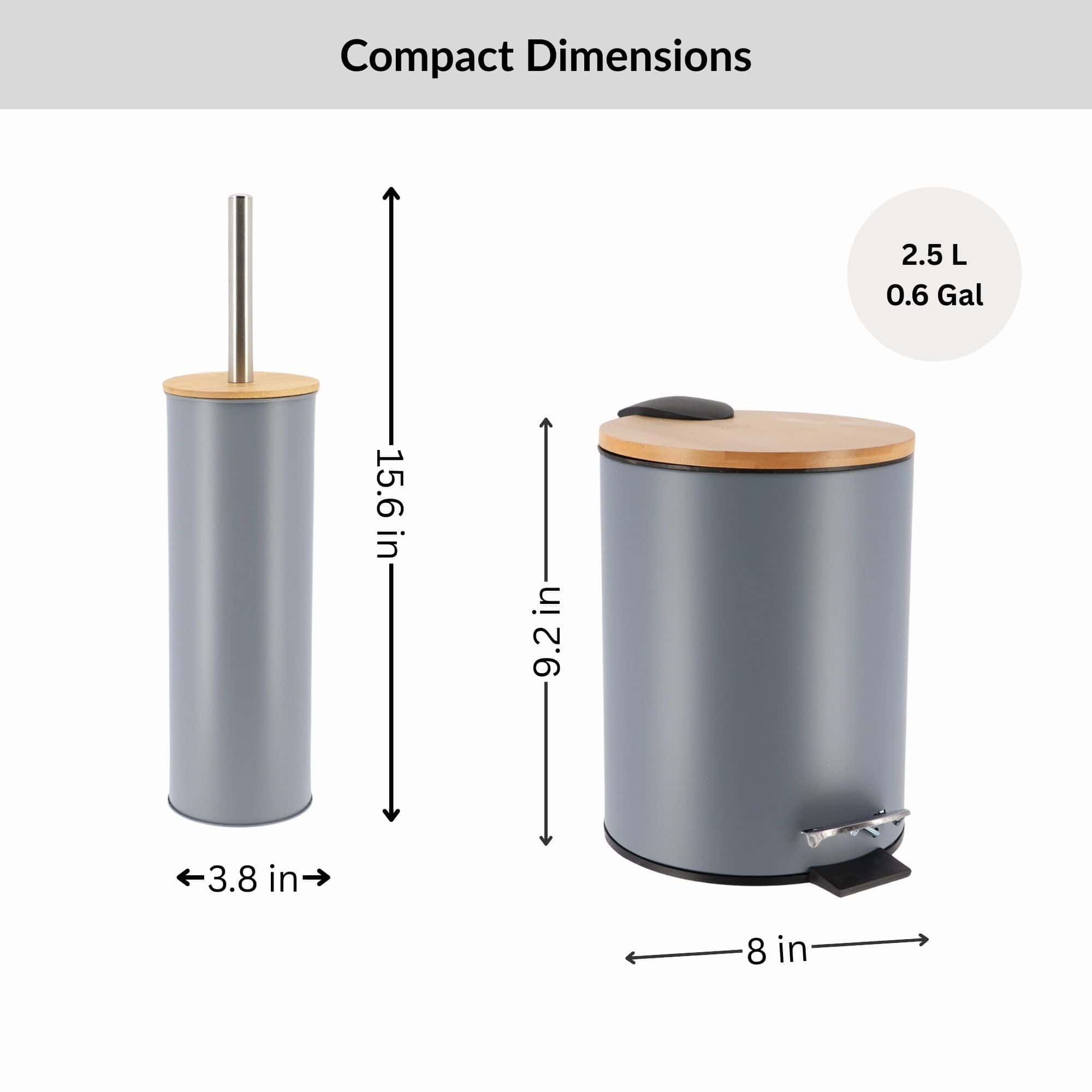 Evideco Gray Bathroom Set With Bamboo Lid – Matte Metal Trash Can And Toilet Brush Bathroom Accessories Bath Coordinate Sets