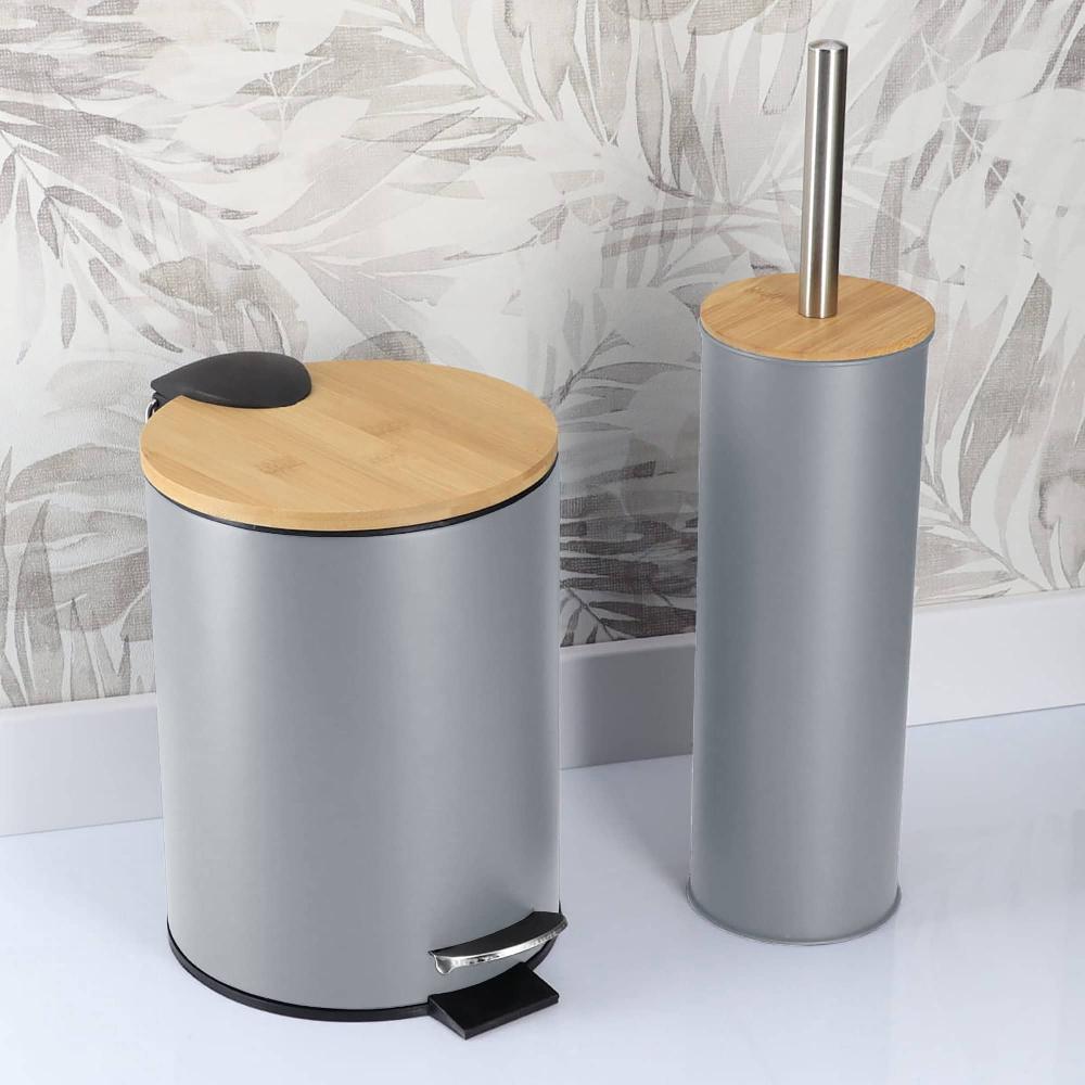evideco Gray Bathroom Set with Bamboo Lid – Matte Metal Trash Can and Toilet Brush Bathroom Accessories Bath Coordinate Sets