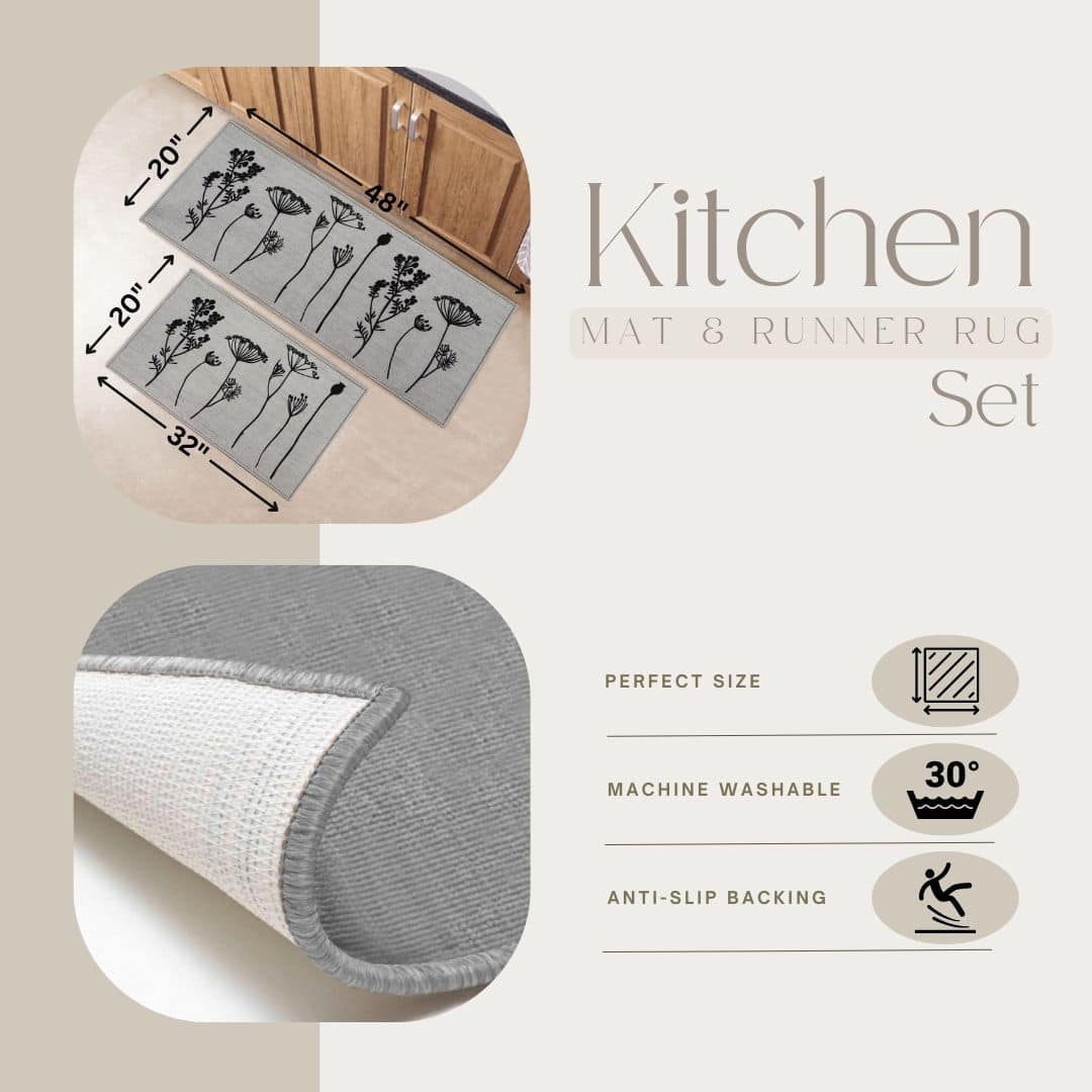 Evideco Gray Black Wool Effect Wildflowers Kitchen Mat & Runner Rug Set Of 2 Home Accessories Kitchen Mats