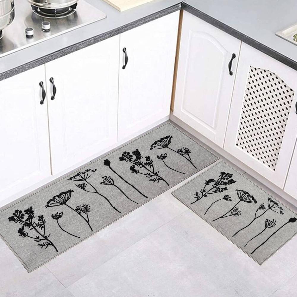 Evideco Gray Black Wool Effect Wildflowers Kitchen Mat & Runner Rug Set Of 2 Home Accessories Kitchen Mats
