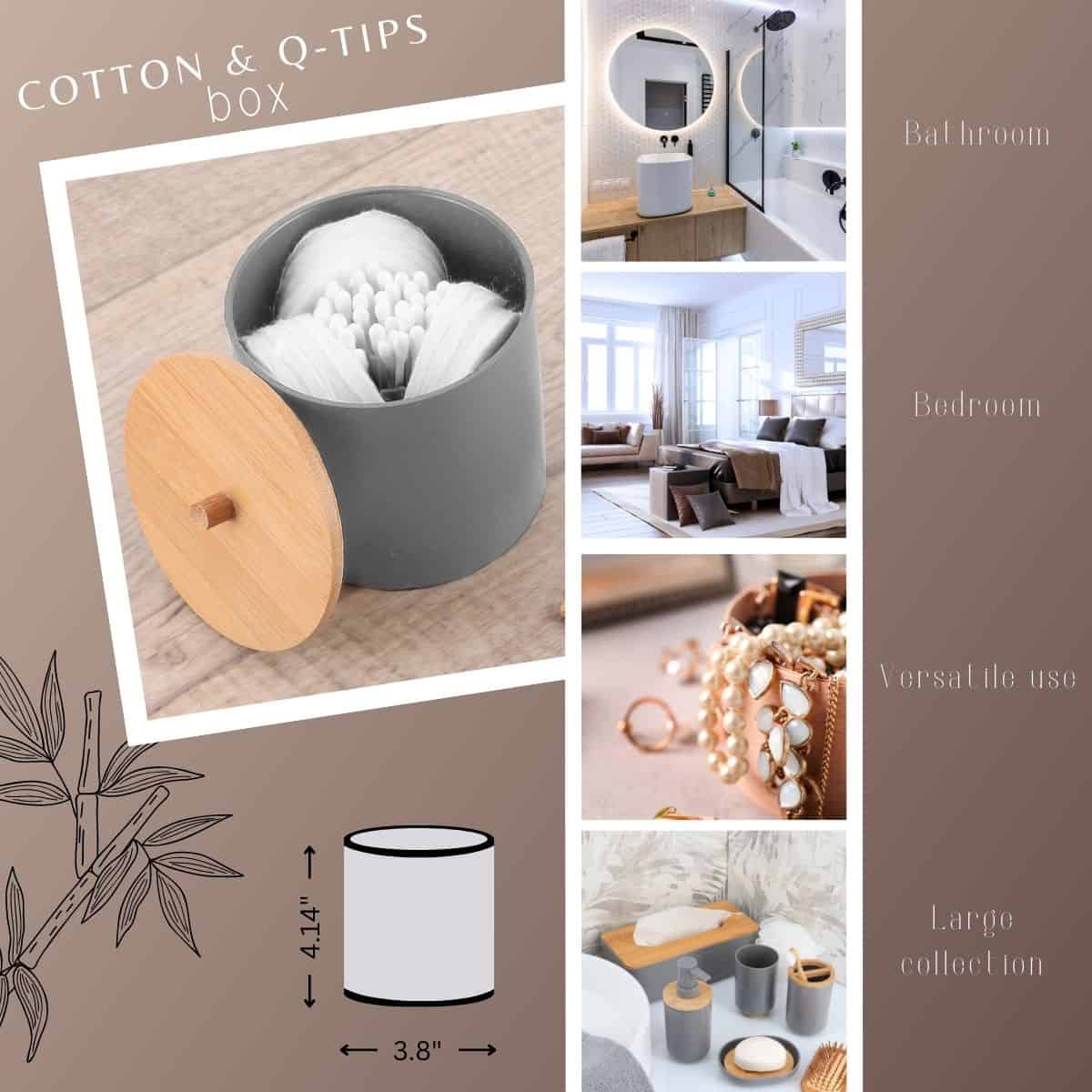 Evideco Gray Cotton Pad And Q-Tip Holder Padang With Bamboo Top – Organize In Style Bathroom Vanity Organizer Bathroom Accessories Cosmetic & Vanity Organizers