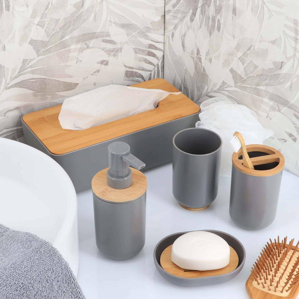 Evideco Gray Cotton Pad And Q-Tip Holder Padang With Bamboo Top – Organize In Style Bathroom Vanity Organizer Bathroom Accessories Cosmetic & Vanity Organizers