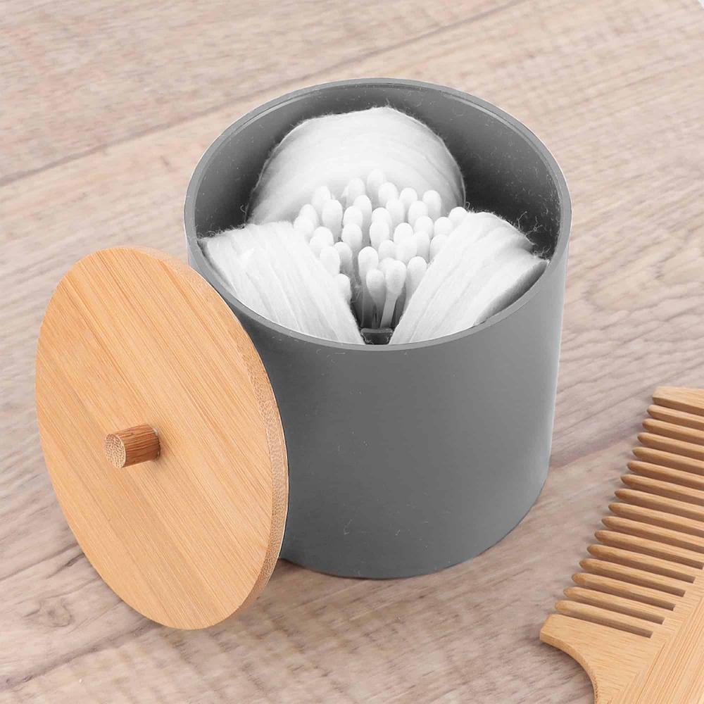 evideco Gray Cotton Pad and Q-Tip Holder Padang with Bamboo Top – Organize in Style Bathroom Vanity Organizer Bathroom Accessories Cosmetic & Vanity Organizers