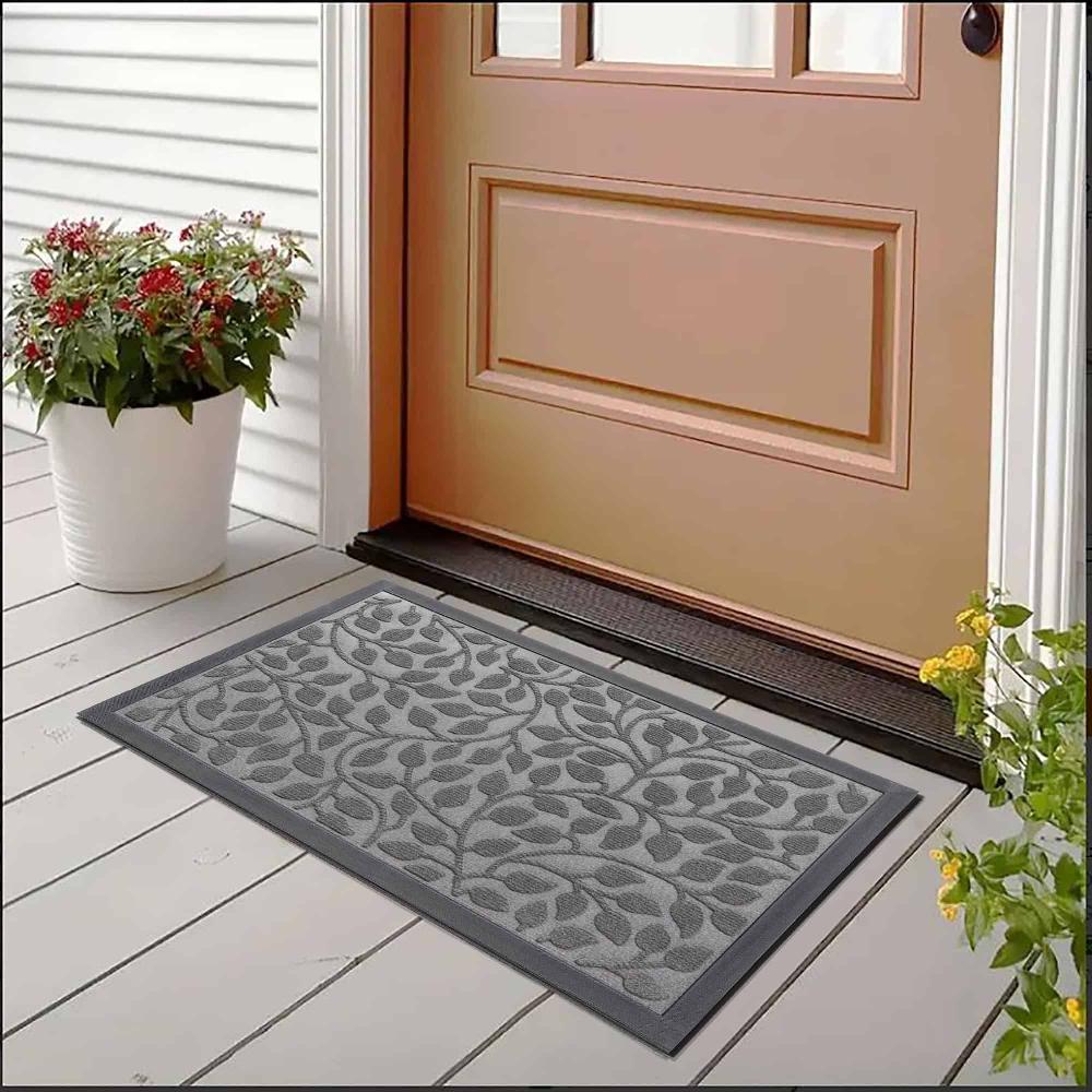 Evideco Gray Heavy-Duty Dirt-Trapping Rubber Doormat With Raised Leaf Pattern Home Accessories Door Mats Outdoor