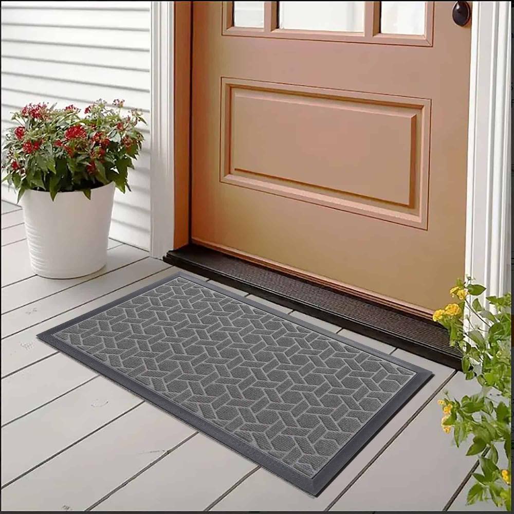 Evideco Gray Heavy-Duty Dirt-Trapping Rubber Doormat With Raised Geometric Pattern Home Accessories Door Mats Outdoor