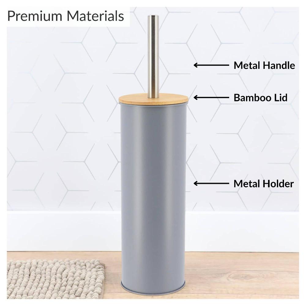 Evideco Gray Metal Toilet Brush And Holder Set With Bamboo Lid Toilet Seats & Accessories Toilet Brushes