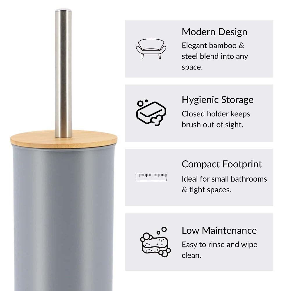 Evideco Gray Metal Toilet Brush And Holder Set With Bamboo Lid Toilet Seats & Accessories Toilet Brushes