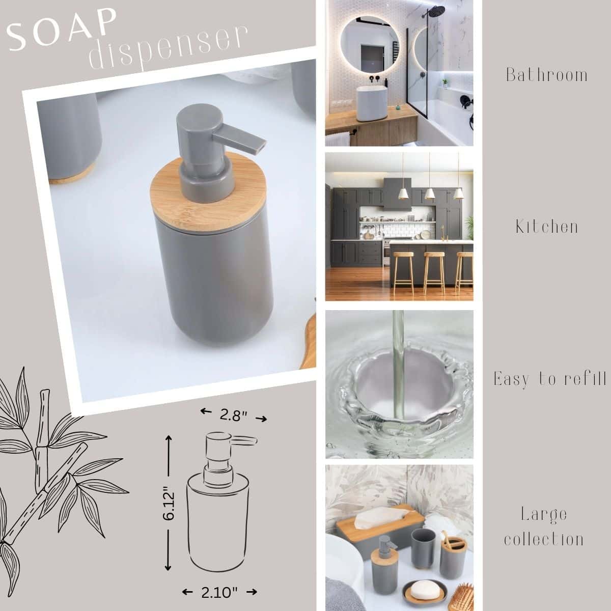 Evideco Gray Soap And Lotion Pump Dispenser Padang With Bamboo Top – 10 Fl Oz – Perfect For Kitchen And Bathroom Countertops Bathroom Accessories Soap & Lotion Dispensers