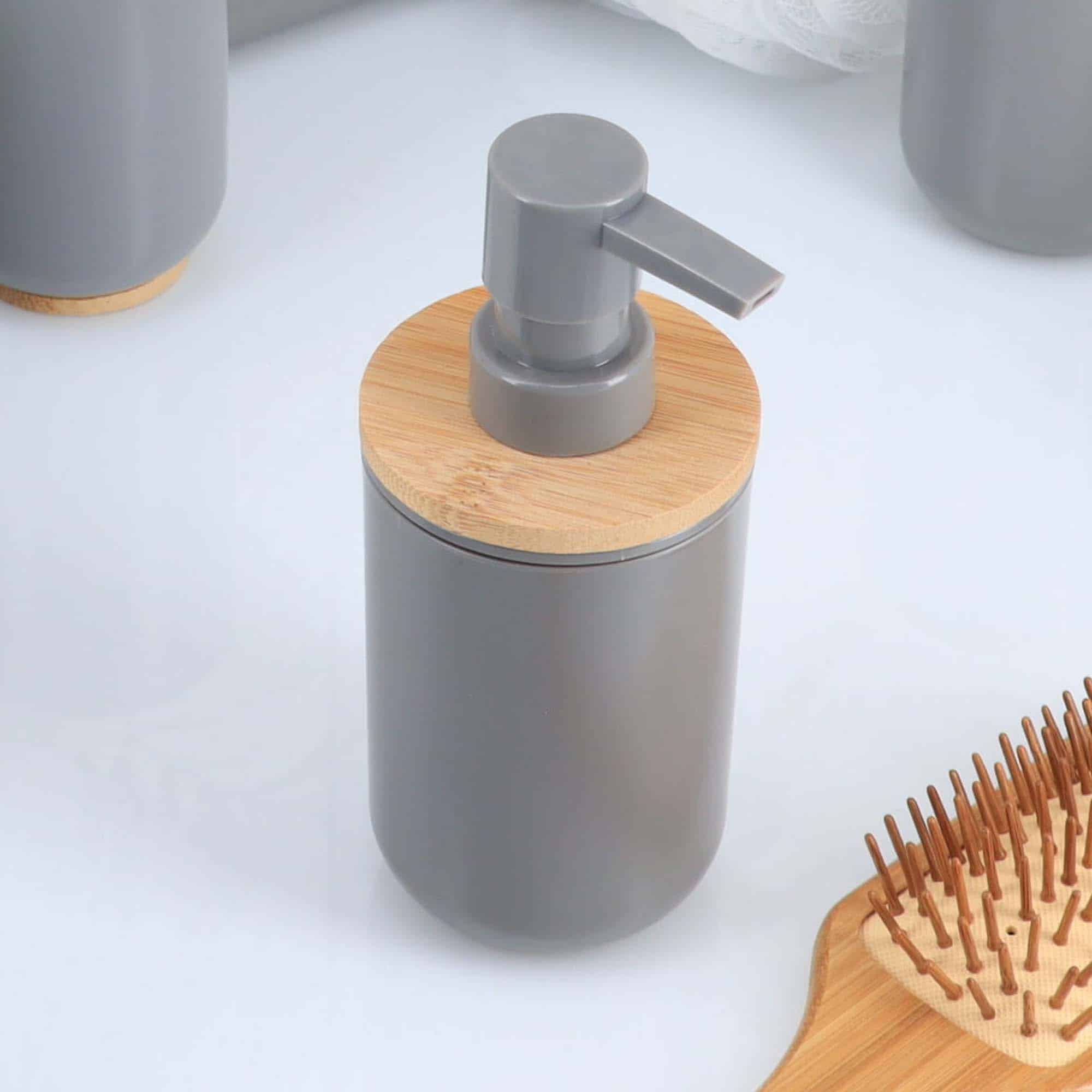 evideco Gray Soap and Lotion Pump Dispenser Padang with Bamboo Top – 10 fl oz – Perfect for Kitchen and Bathroom Countertops Bathroom Accessories Soap & Lotion Dispensers