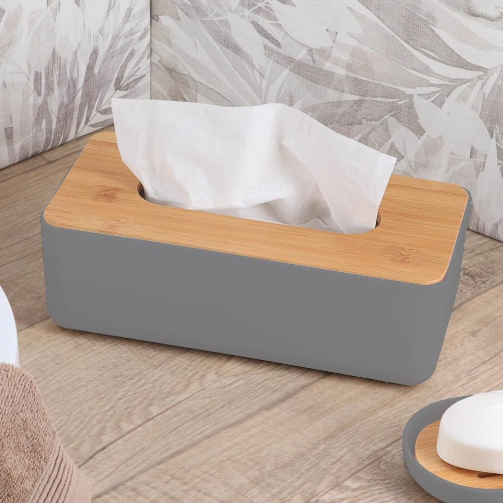 Evideco Gray Tissue Box Cover Padang With Bamboo Top – Elegant Design For Home And Office – Enhance Décor And Organization Bathroom Accessories Cosmetic & Vanity Organizers