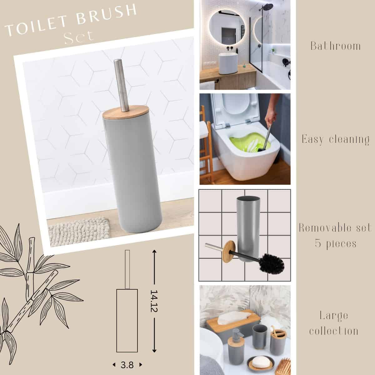 Evideco Gray Toilet Brush And Holder Set Padang With Bamboo Top – Stylish Bathroom Cleaning Solution For Modern Homes Toilet Seats & Accessories Toilet Brushes