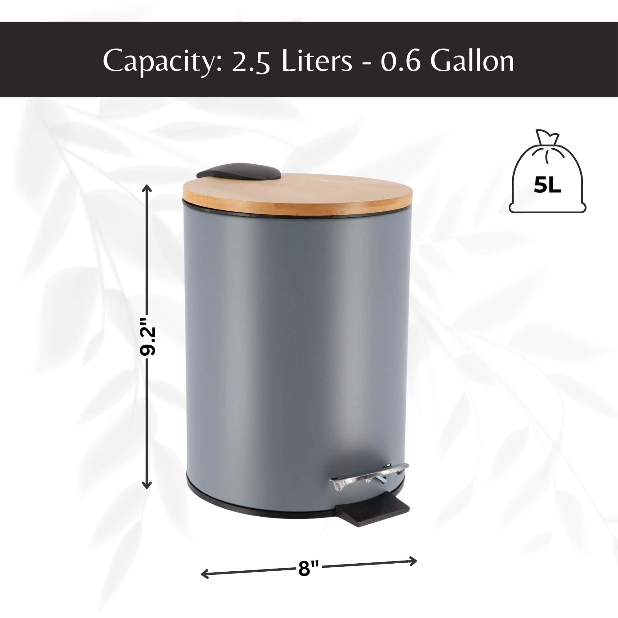 Evideco Gray Trash Can With Bamboo Lid And Pedal 2.5L Capacity Toilet Seats & Accessories Toilet Wastebaskets Design & Solid