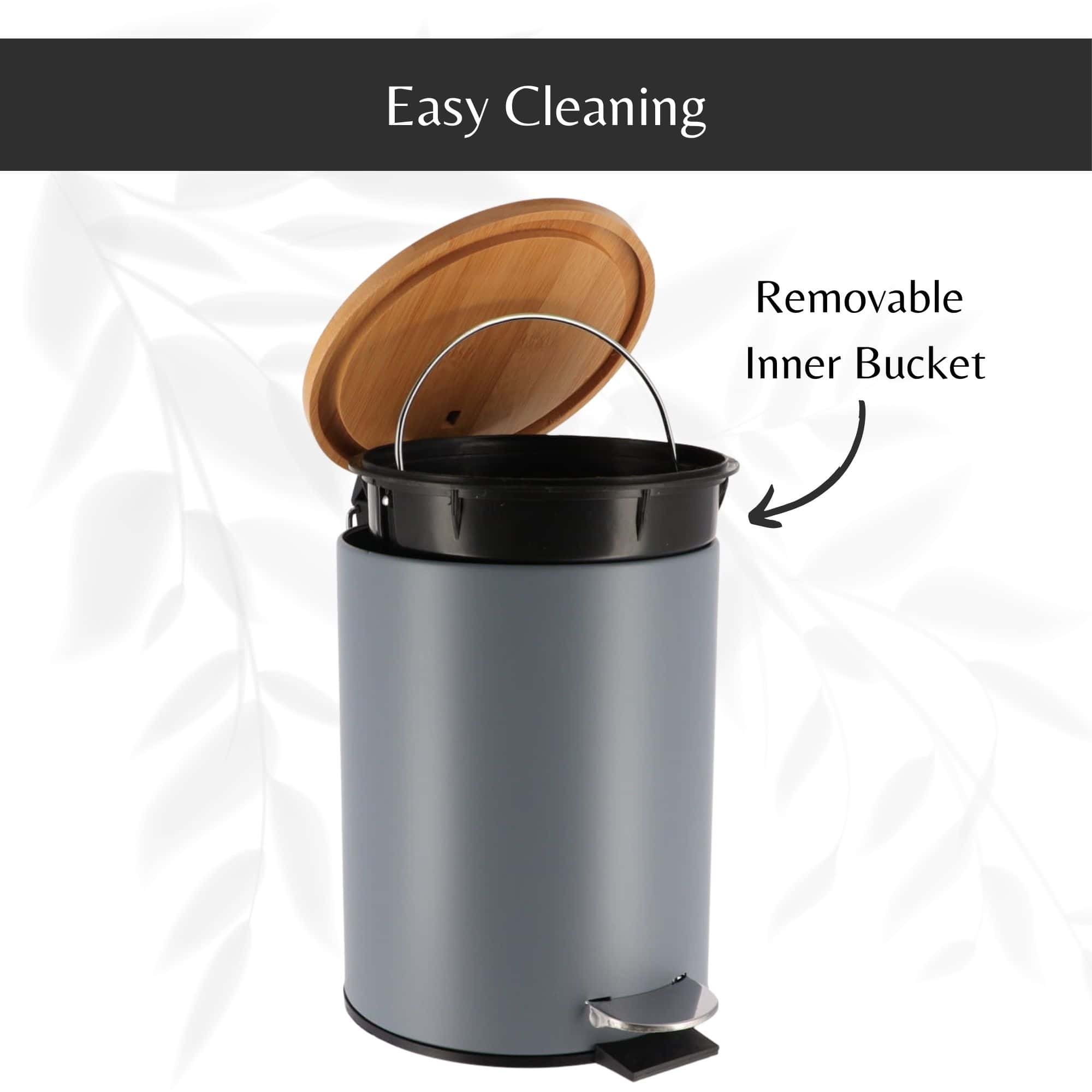 Evideco Gray Trash Can With Bamboo Lid And Pedal 2.5L Capacity Toilet Seats & Accessories Toilet Wastebaskets Design & Solid