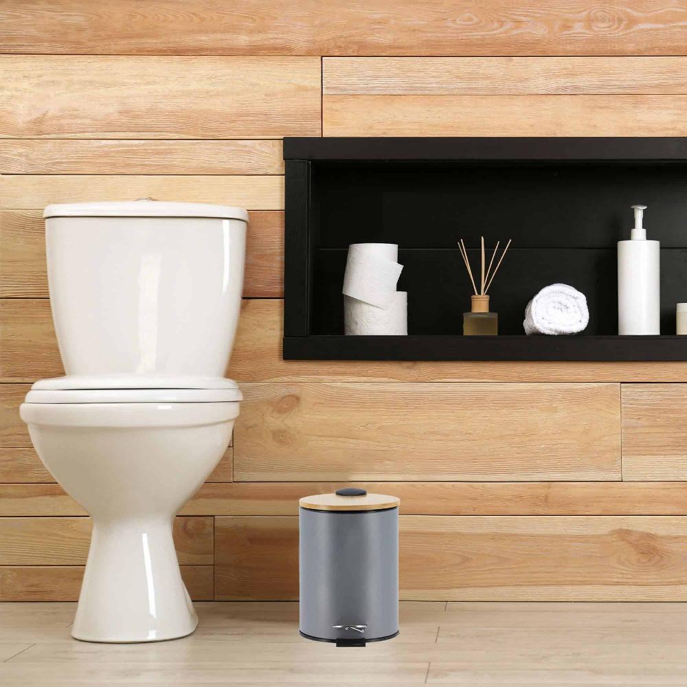 Evideco Gray Trash Can With Bamboo Lid And Pedal 2.5L Capacity Toilet Seats & Accessories Toilet Wastebaskets Design & Solid