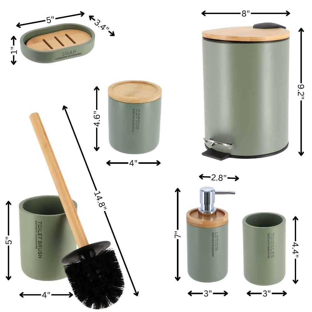 Evideco Green Bathroom Accessories With Natural Accents Modern 6-piece Set Bathroom Accessories Bath Coordinate Sets