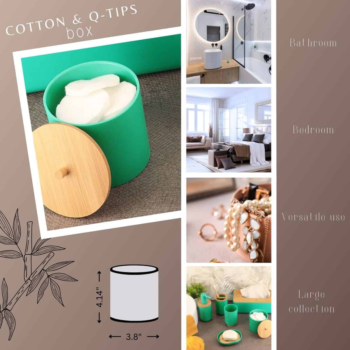 Evideco Green Cotton Pad And Q-Tip Holder Padang With Bamboo Top – Organize In Style Bathroom Vanity Organizer Bathroom Accessories Cosmetic & Vanity Organizers