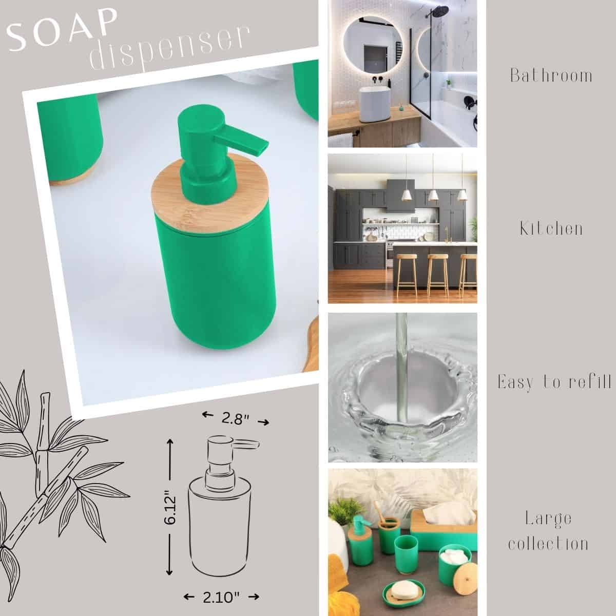 evideco Green Soap and Lotion Pump Dispenser Padang with Bamboo Top – 10 fl oz – Perfect for Kitchen and Bathroom Countertops Bathroom Accessories Soap & Lotion Dispensers