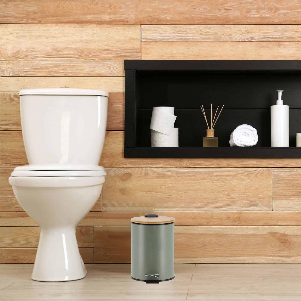Evideco Green Trash Can With Bamboo Lid And Pedal 2.5L Capacity Toilet Seats & Accessories Toilet Wastebaskets Design & Solid