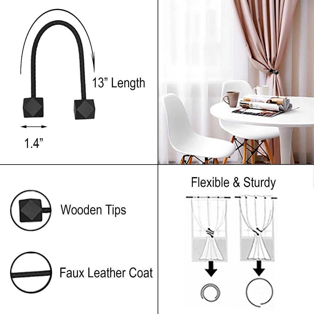 Evideco Intense Black Tieback – Flexible Design With Wooden Tips And Faux Leather Covering – Upgrade Your Home Decor Home Accessories Tie Backs & Magnets Twist Tie Backs Large Tie Backs For Window Curtains & Drapes