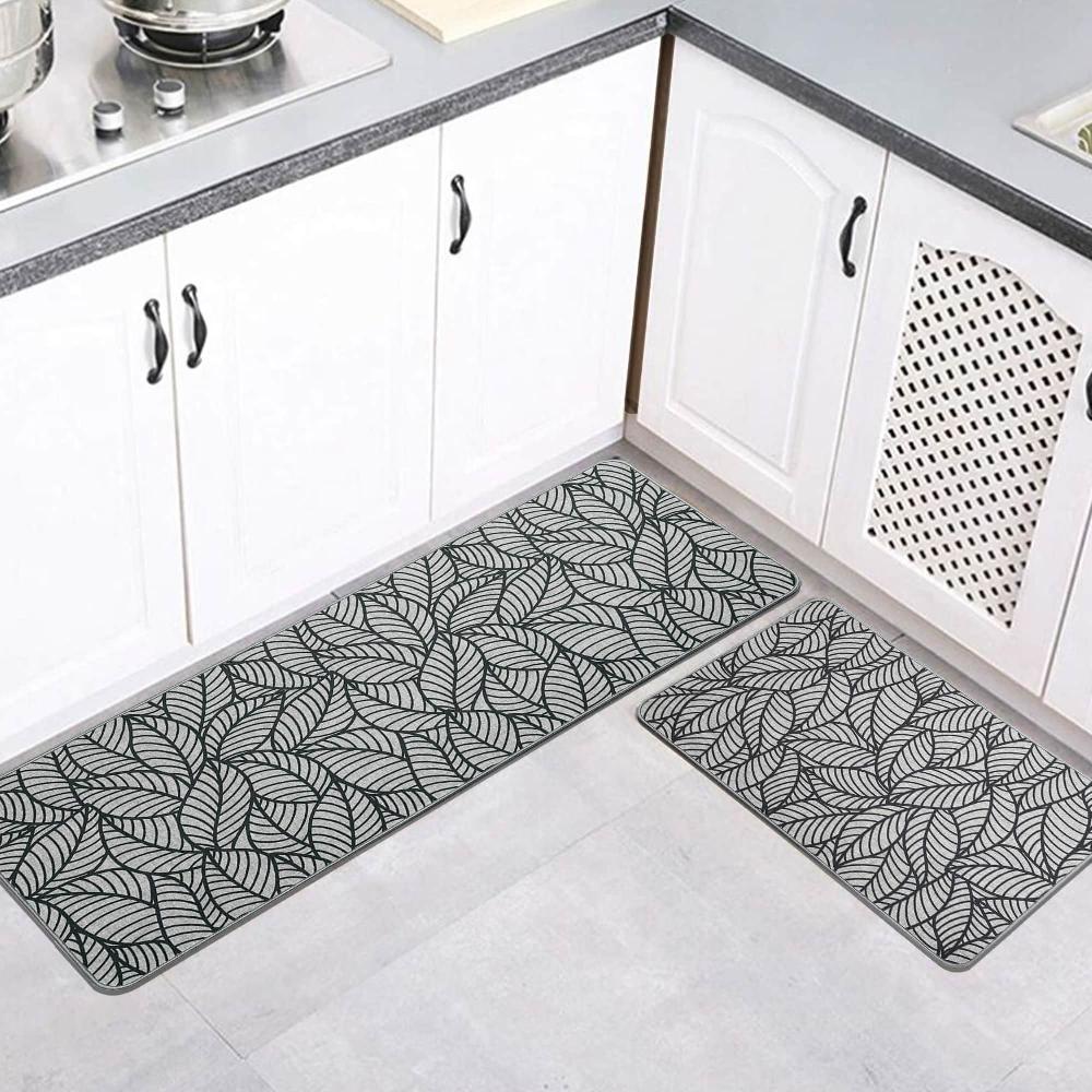 Evideco Jungle Printed Kitchen Mat 32″ X 20″ – Gray Leaves Design – Stylish & Durable – Ideal For Homeowners & Renters – Non Slip & Comfort Floor Mat Home Accessories Kitchen Mats