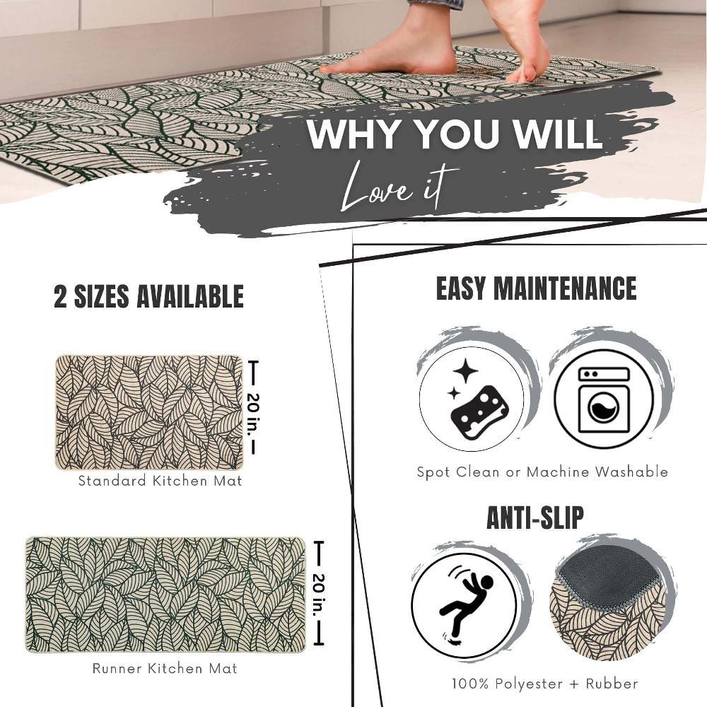 Evideco Jungle Printed Kitchen Runner Mat 47″ X 20″ – Beige Leaves Design – Stylish & Durable – Ideal For Homeowners & Renters – Non Slip & Comfort Floor Mat Home Accessories Kitchen Mats