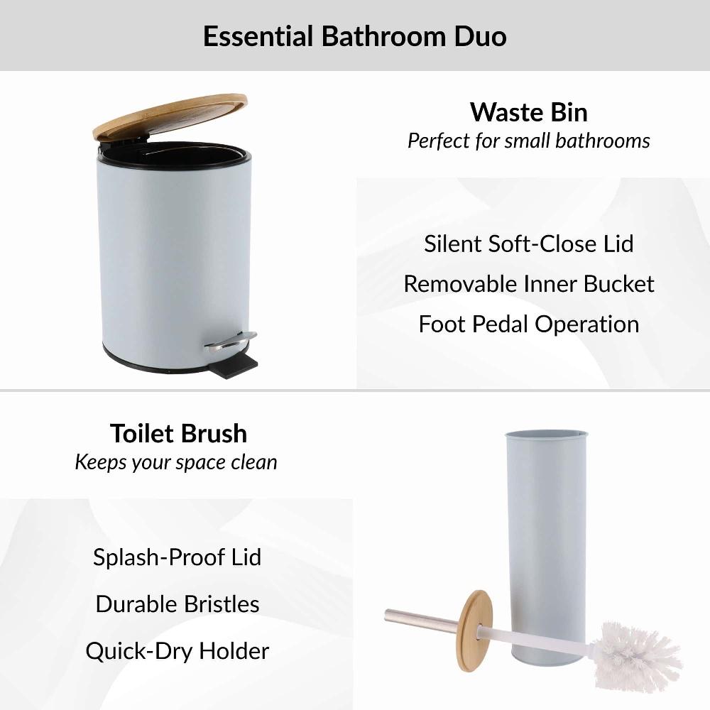 Evideco Light Blue Bathroom Set With Bamboo Lid – Matte Metal Trash Can And Toilet Brush Bathroom Accessories Bath Coordinate Sets