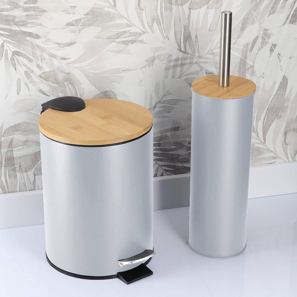 evideco Light Blue Bathroom Set with Bamboo Lid – Matte Metal Trash Can and Toilet Brush Bathroom Accessories Bath Coordinate Sets