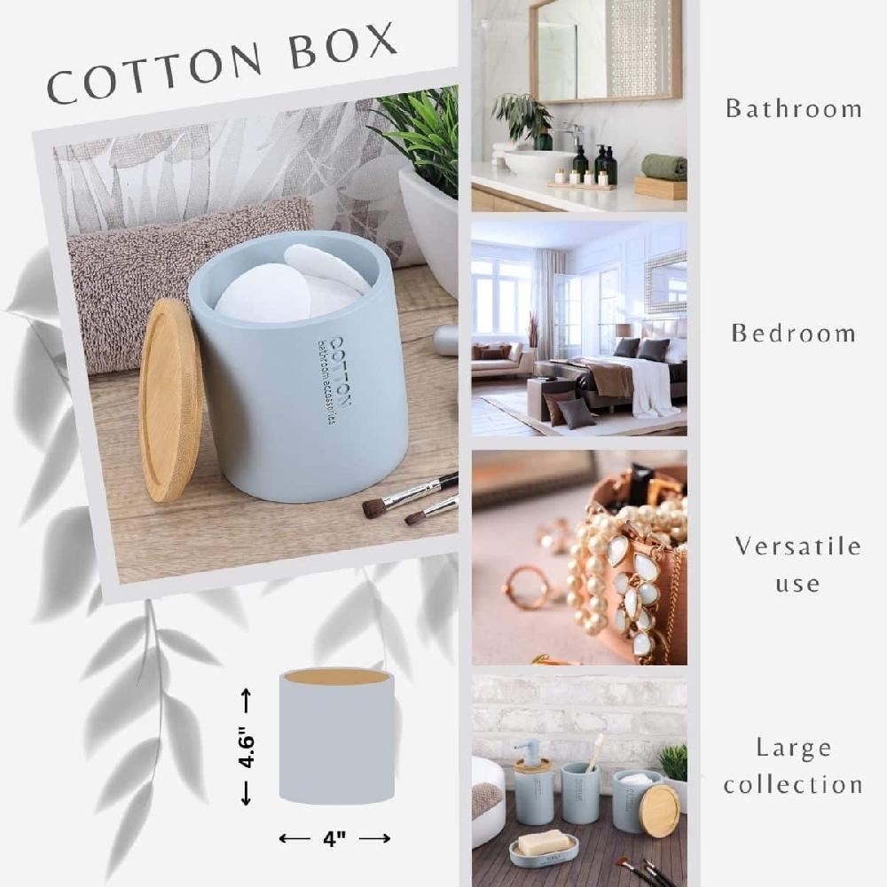 Evideco Light Blue Cotton Pad Holder – Polyresin Bathroom Storage Container With Bamboo Lid Bathroom Accessories Cosmetic & Vanity Organizers