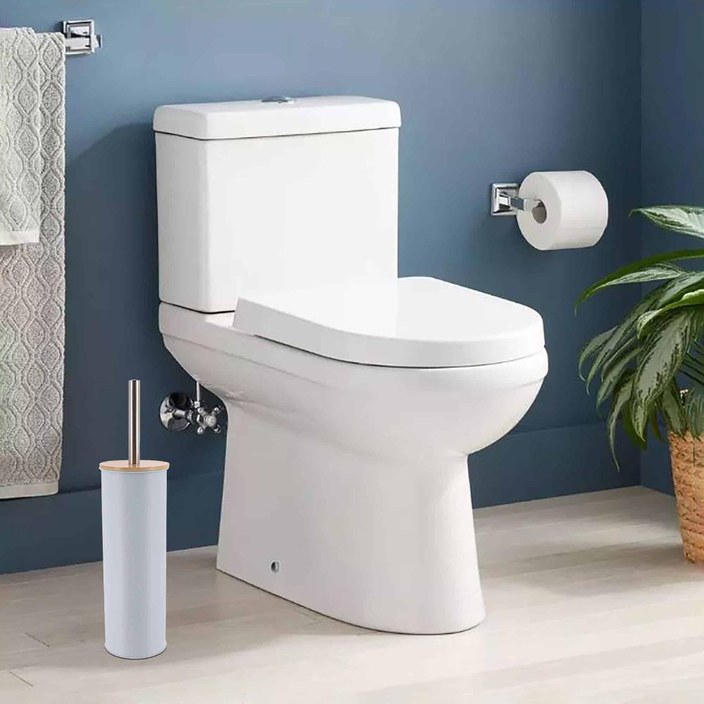 evideco Light Blue Metal Toilet Brush and Holder Set With Bamboo Lid Toilet Seats & Accessories Toilet Brushes
