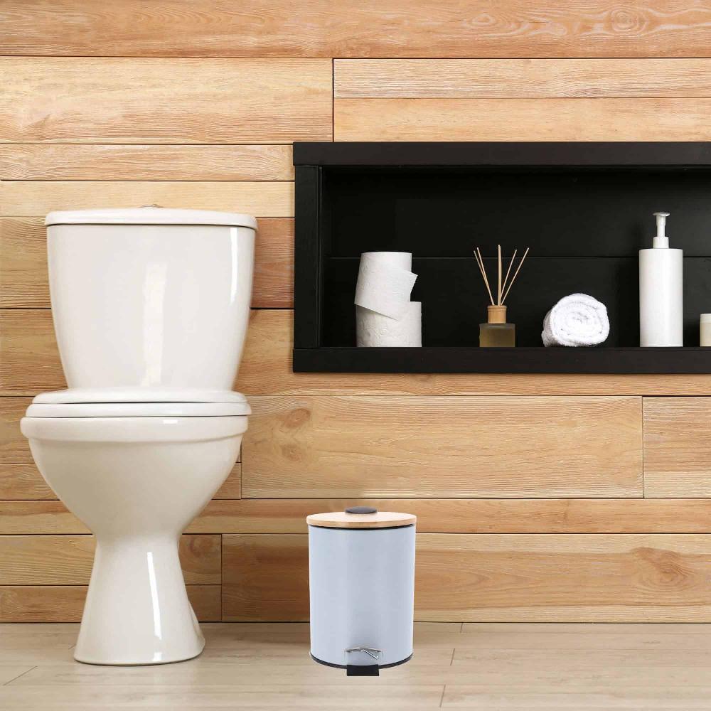 Evideco Light Blue Trash Can With Bamboo Lid And Pedal 2.5L Capacity Toilet Seats & Accessories Toilet Wastebaskets Design & Solid