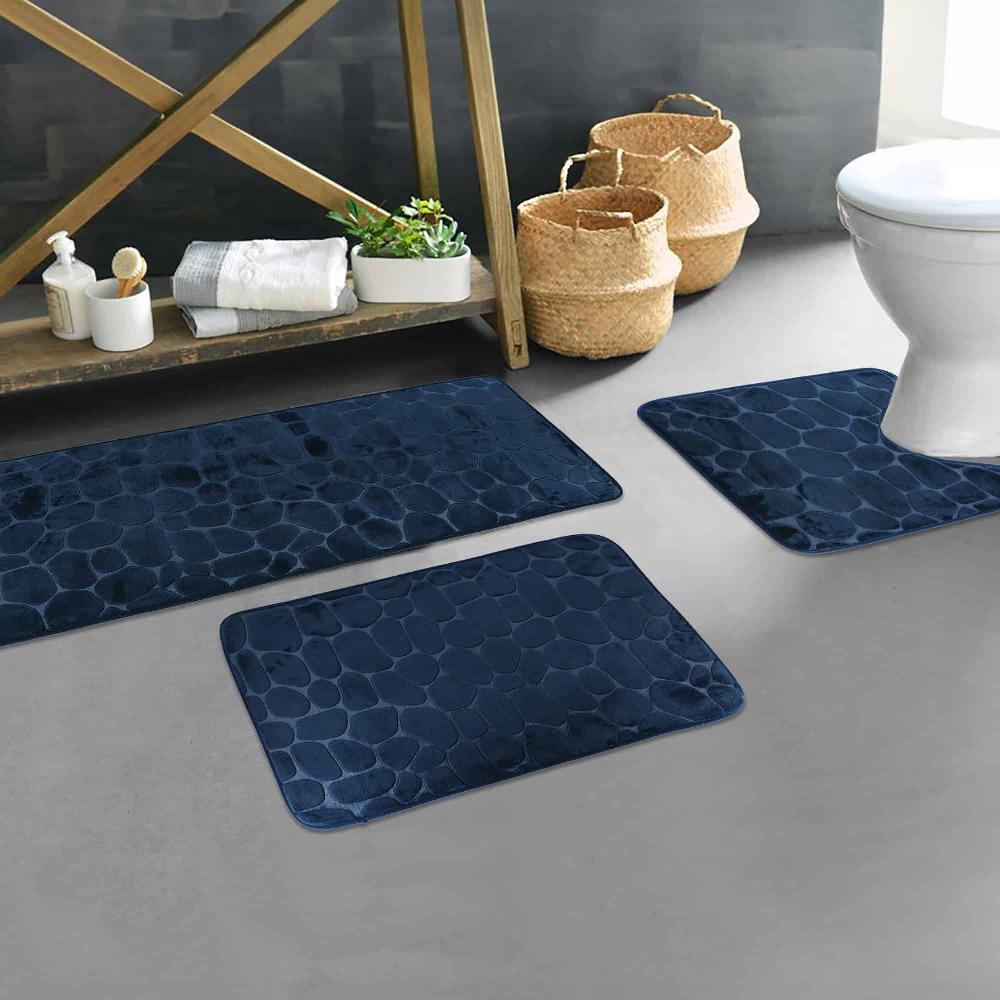 evideco Memory Foam Bathroom Rugs Set 3 Piece Navy Blue Bathroom Mats & Rugs Bath Rugs