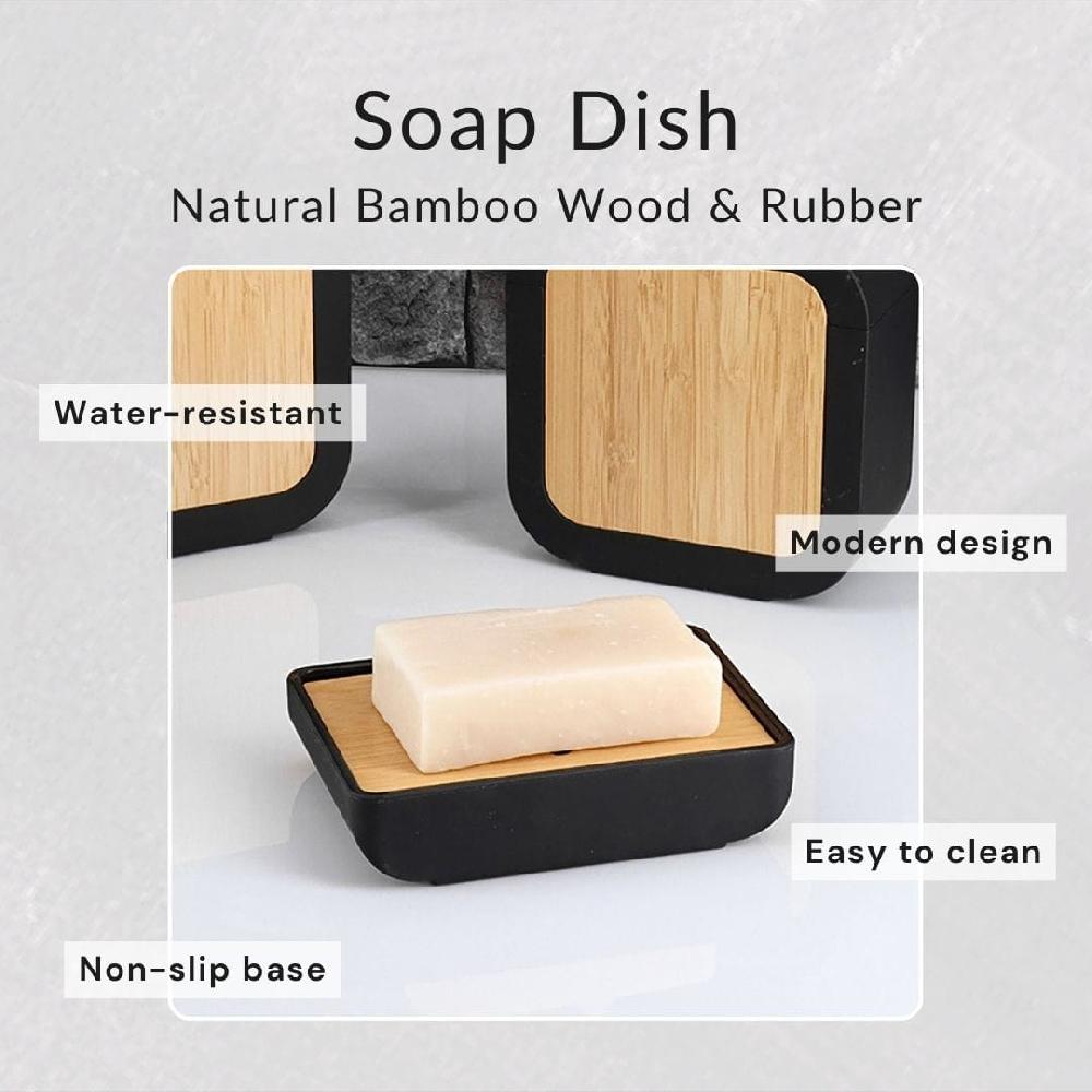 Evideco Minimalist Hand Soap Dish Black Rubber And Bamboo Bathroom Accessories Soap Dishes