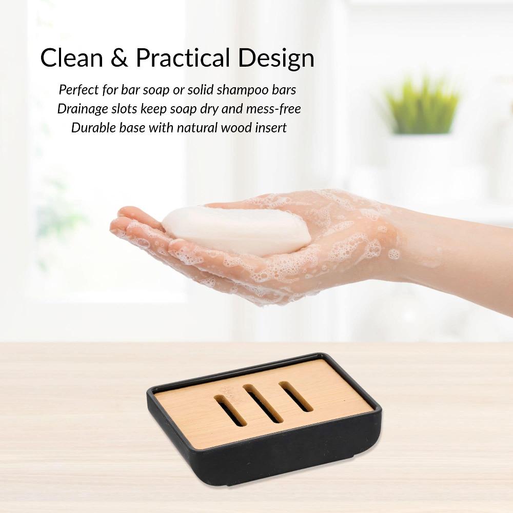 Evideco Minimalist Hand Soap Dish Black Rubber And Bamboo Bathroom Accessories Soap Dishes