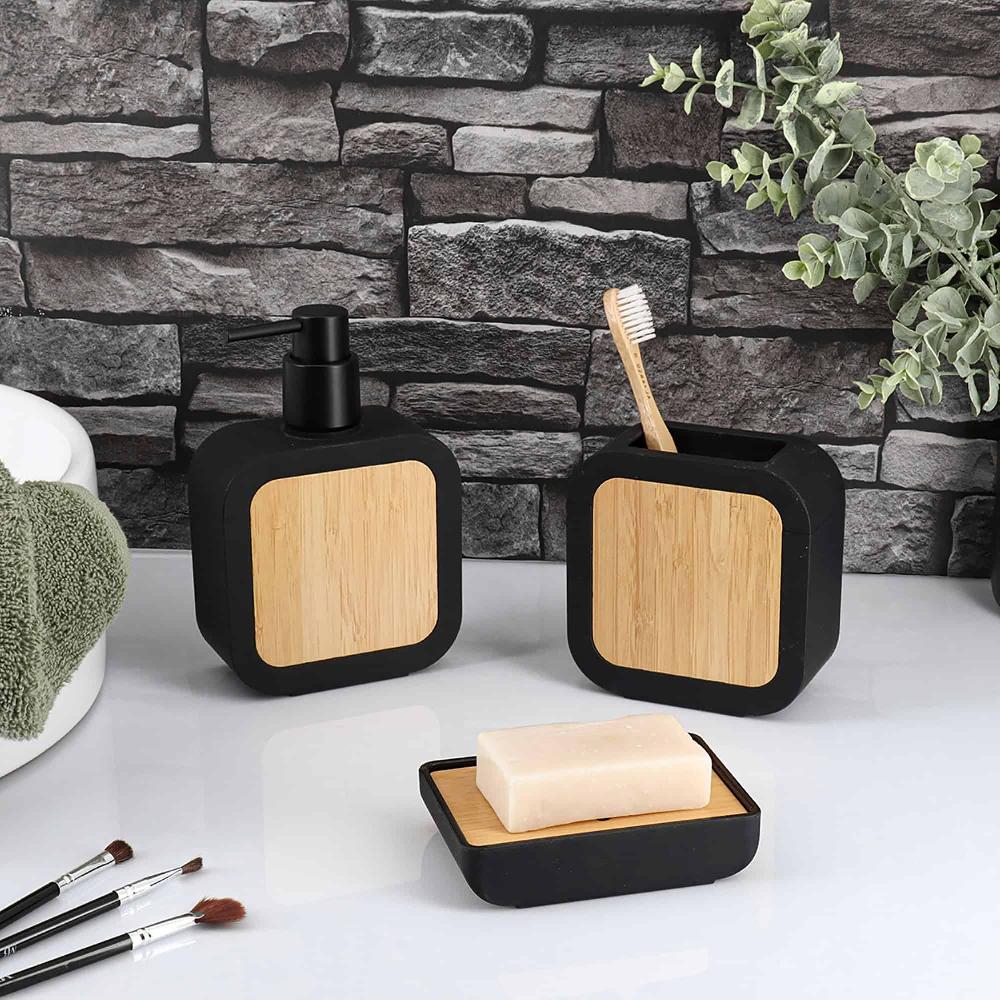 Evideco Minimalist Hand Soap Dish Black Rubber And Bamboo Bathroom Accessories Soap Dishes