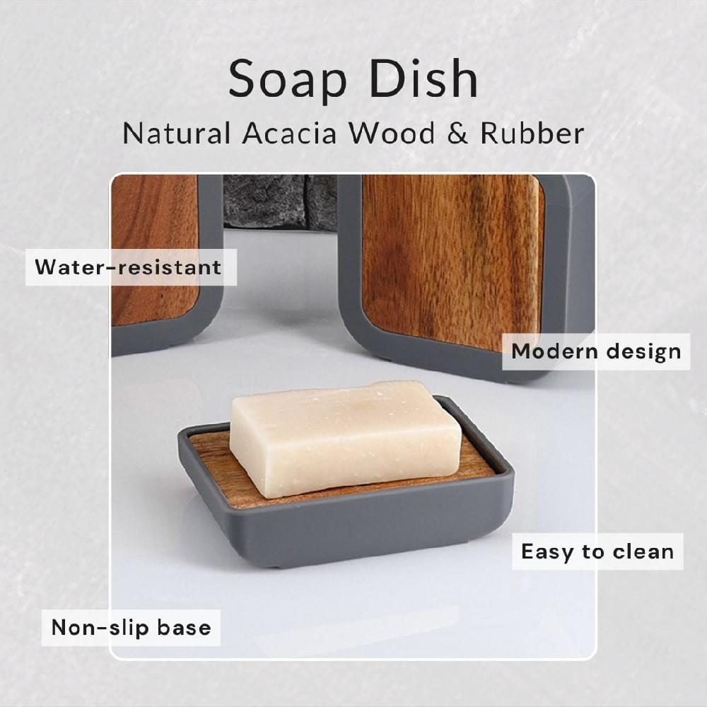 Evideco Minimalist Hand Soap Dish Gray Rubber And Acacia Bathroom Accessories Soap Dishes