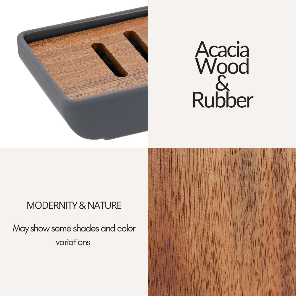 Evideco Minimalist Hand Soap Dish Gray Rubber And Acacia Bathroom Accessories Soap Dishes