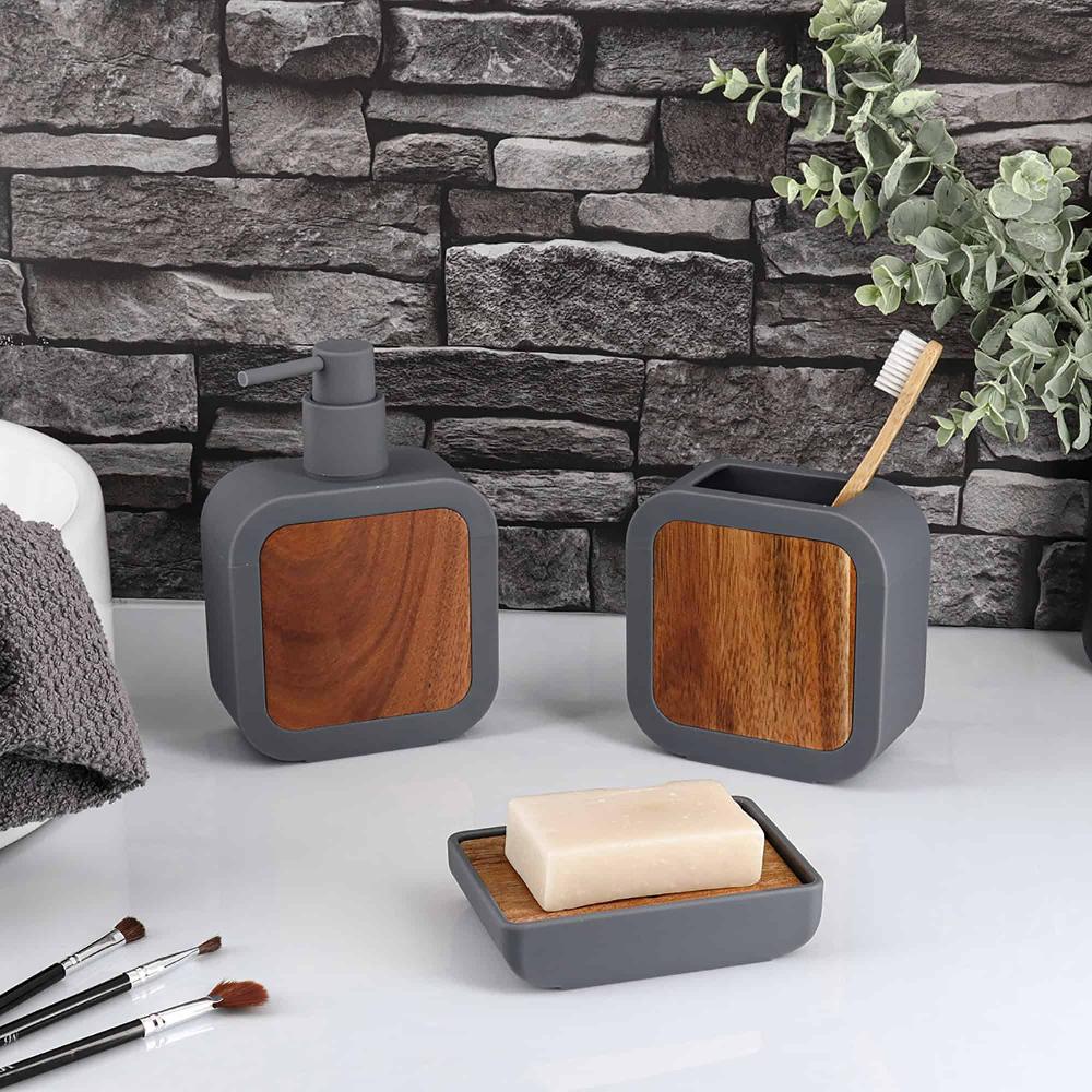 Evideco Minimalist Hand Soap Dish Gray Rubber And Acacia Bathroom Accessories Soap Dishes