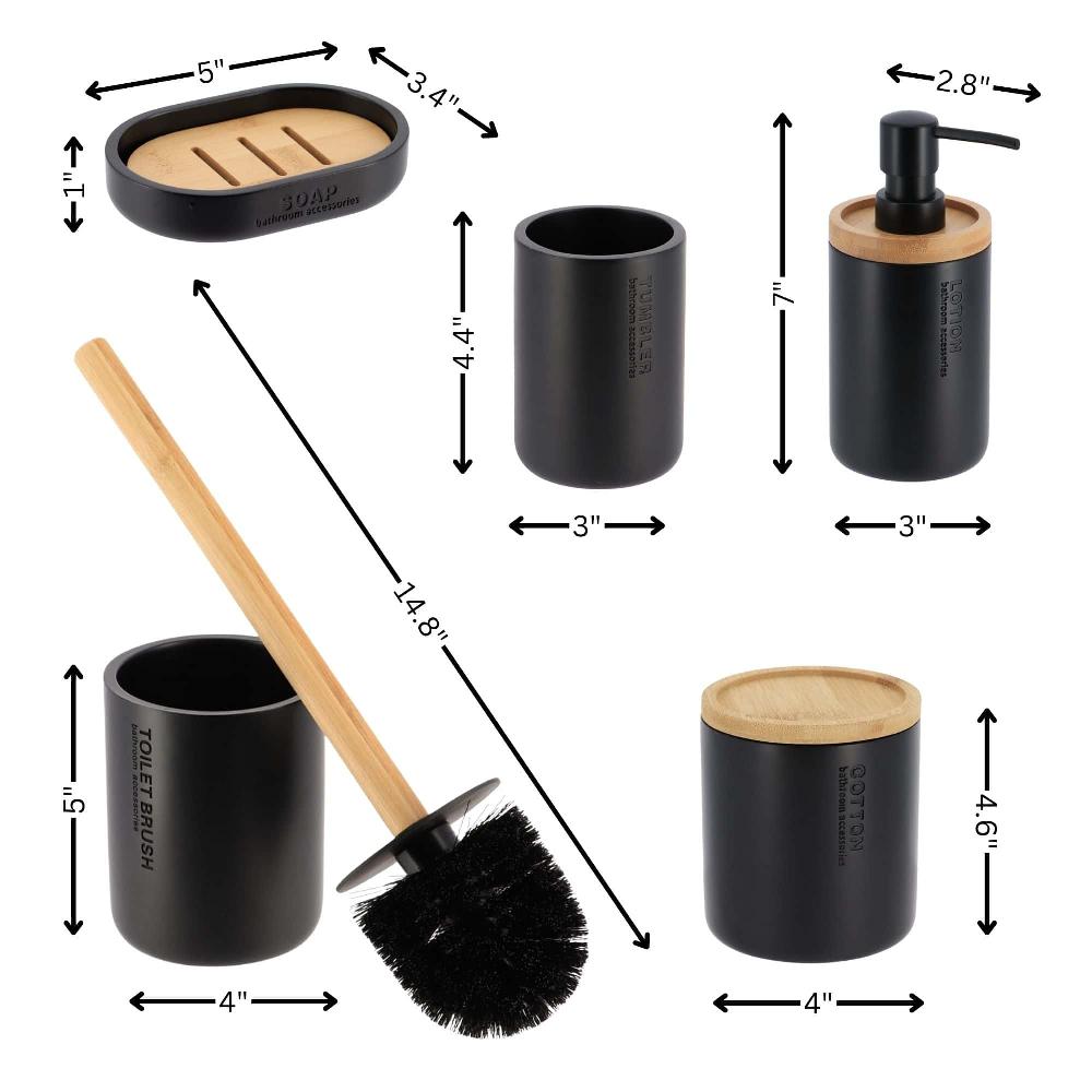 Evideco Modern Black Bathroom Accessories Set – 5 Pieces – Liquid Soap Dispenser Tumbler Cotton Holder Toilet Bowl Brush Bar Soap Holder Bathroom Accessories Bath Coordinate Sets