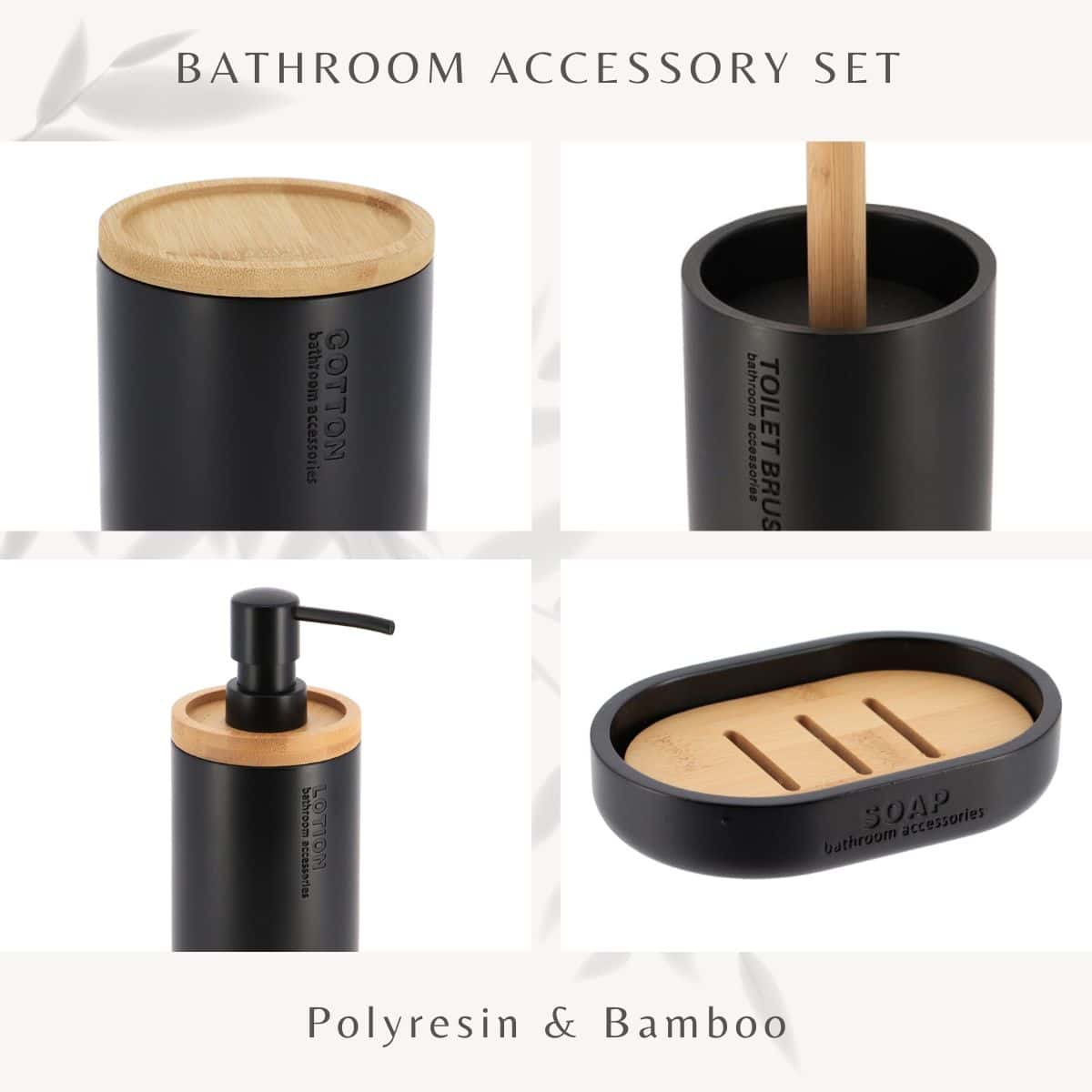 Evideco Modern Black Bathroom Accessories Set – 5 Pieces – Liquid Soap Dispenser Tumbler Cotton Holder Toilet Bowl Brush Bar Soap Holder Bathroom Accessories Bath Coordinate Sets