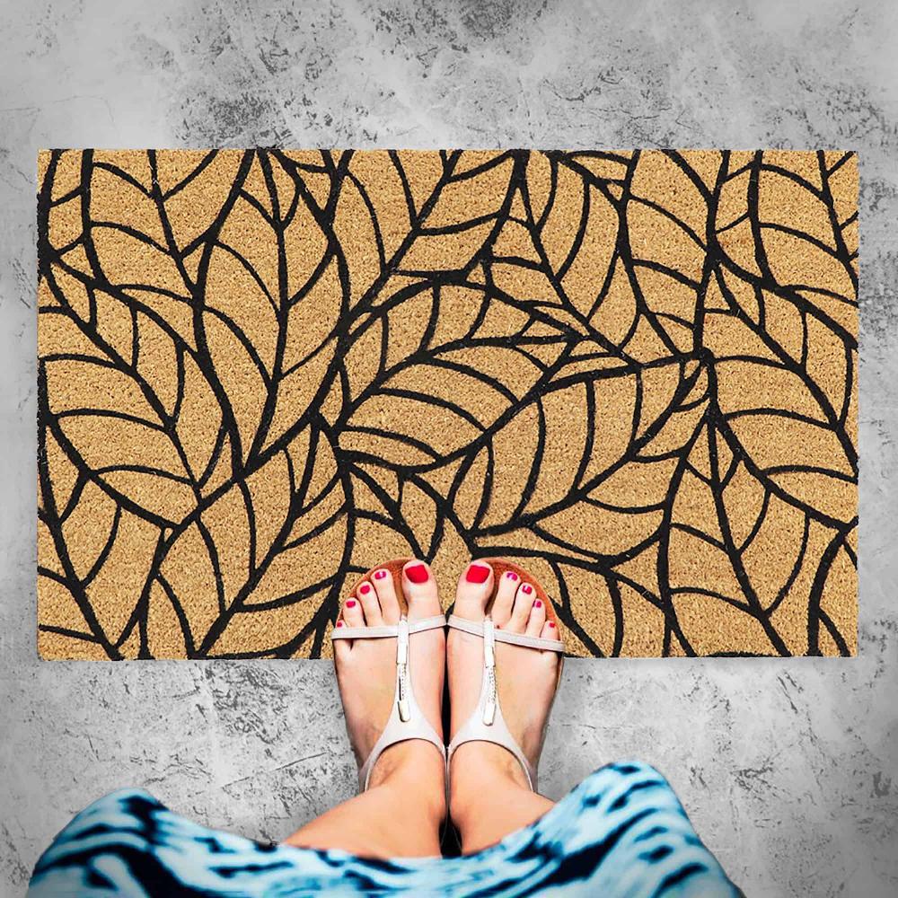 Evideco Modern Leaf Pattern Welcome Mat – 30×18 Inches Natural Coir Front Door Mat Home Accessories Door Mats