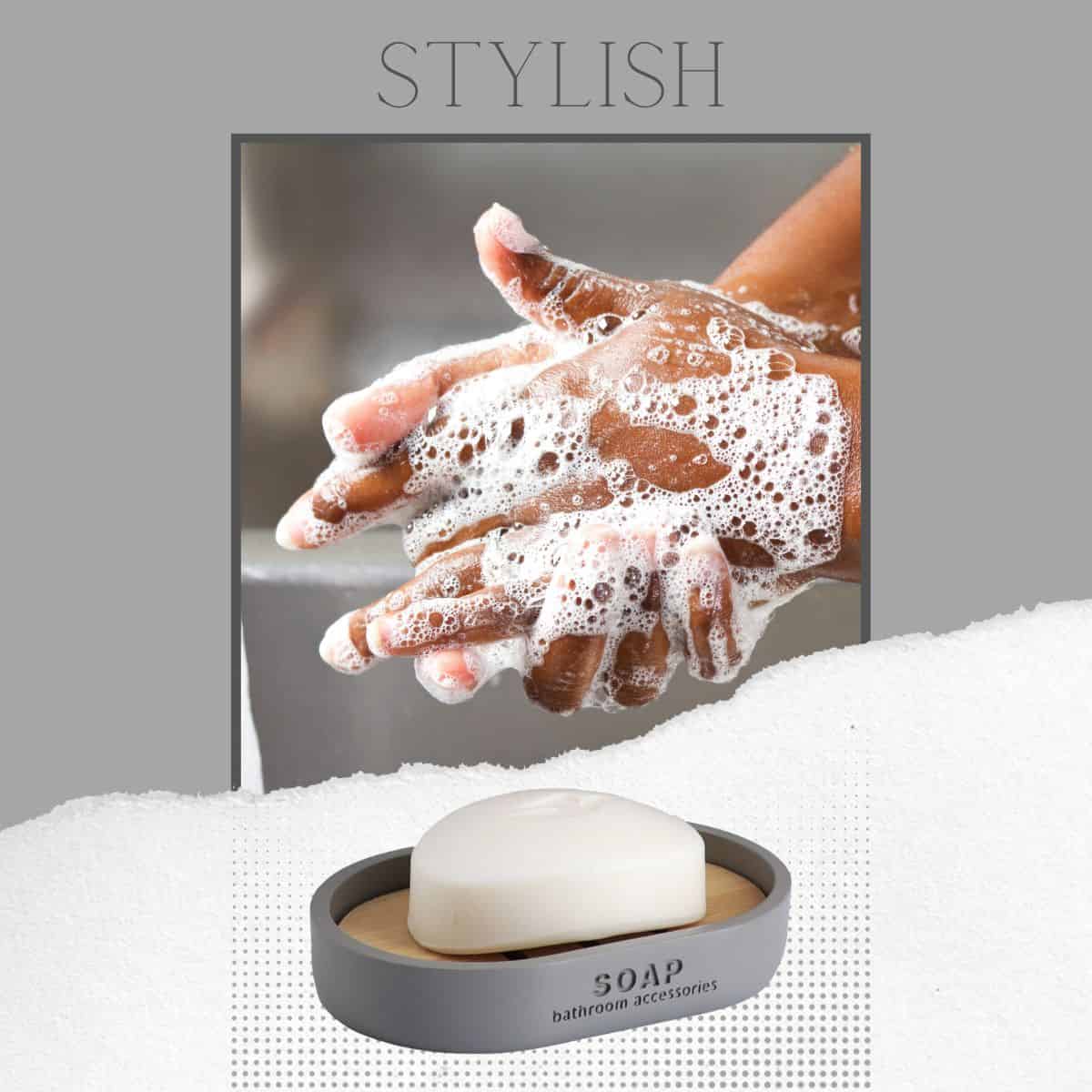 Evideco Modern Matte Gray Soap Dish With Bamboo Detail – Polyresin Bath Accessory For Refined Home Style Bathroom Accessories Soap Dishes