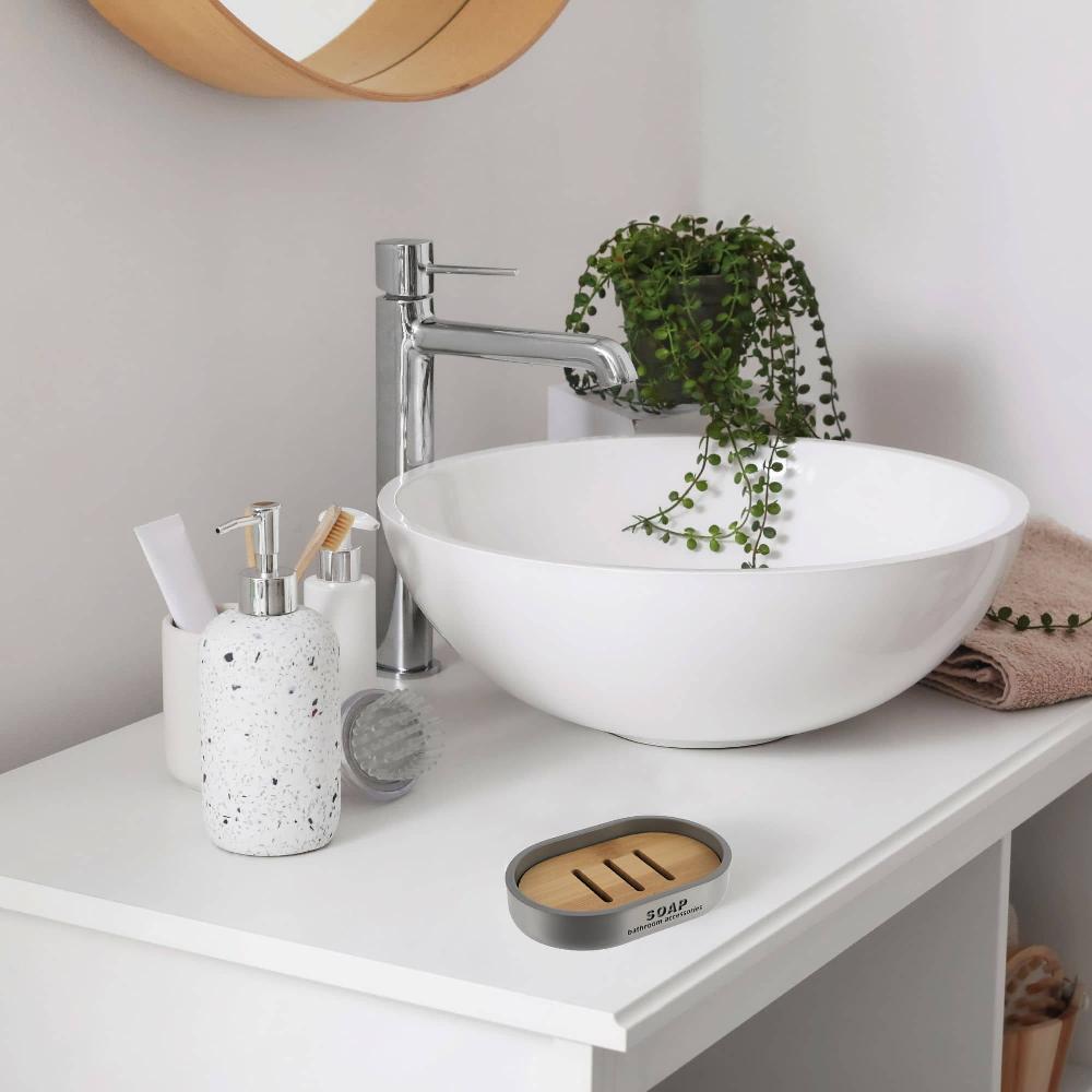 Evideco Modern Matte Gray Soap Dish With Bamboo Detail – Polyresin Bath Accessory For Refined Home Style Bathroom Accessories Soap Dishes