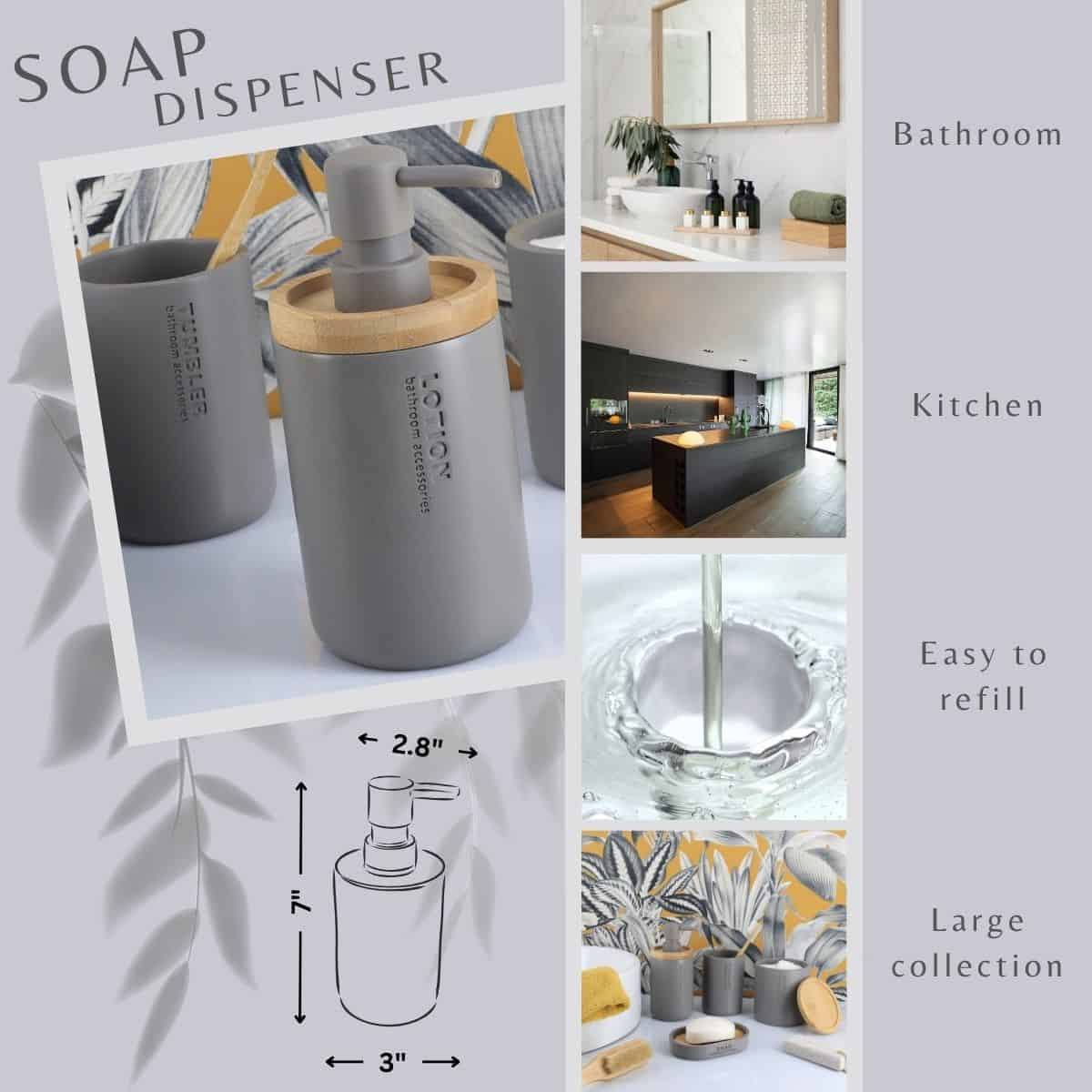 Evideco Modern Matte Gray Soap Dispenser With Natural Bamboo Accent – Polyresin Hand Lotion Pump Contemporary Bathroom Accessory Bathroom Accessories Soap & Lotion Dispensers