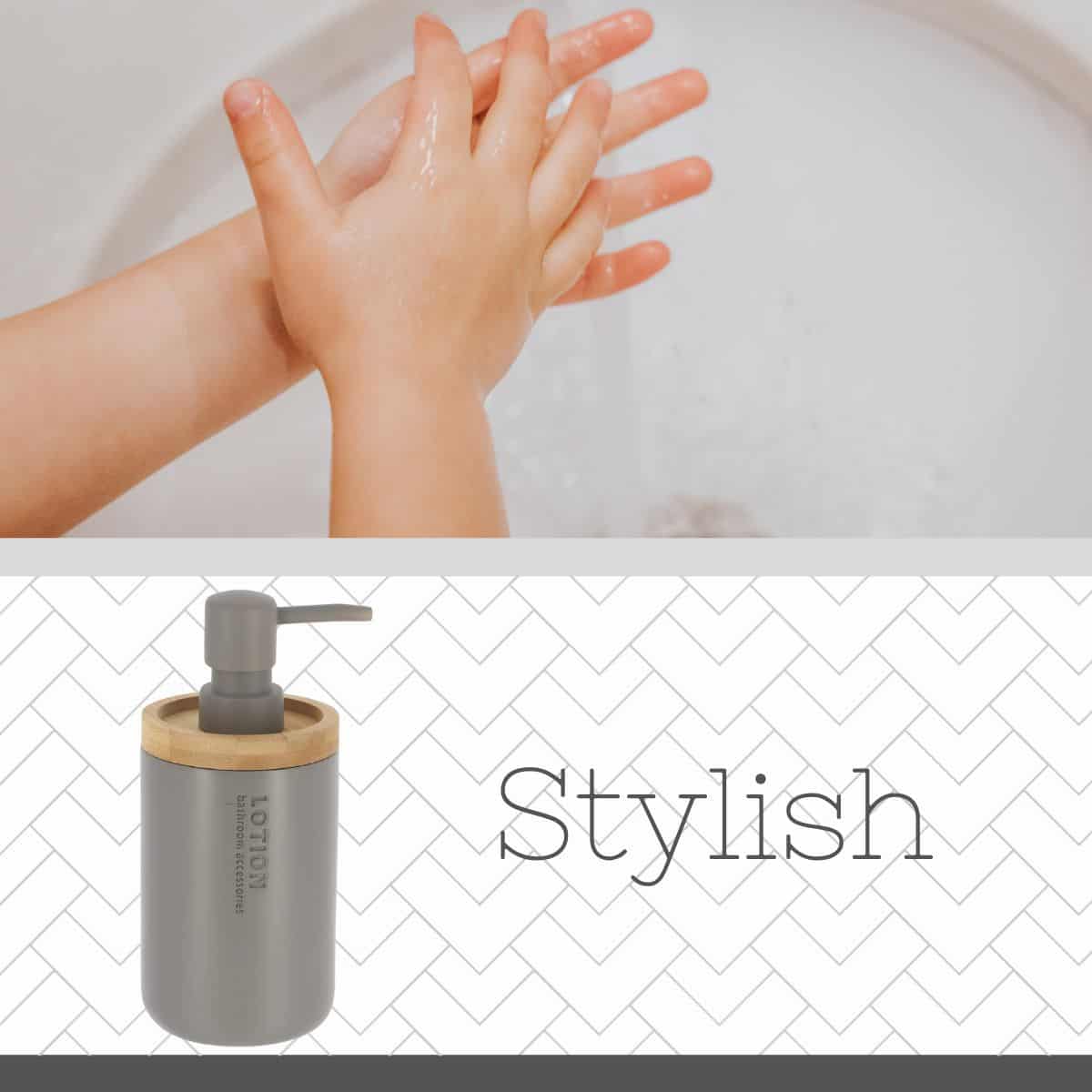 Evideco Modern Matte Gray Soap Dispenser With Natural Bamboo Accent – Polyresin Hand Lotion Pump Contemporary Bathroom Accessory Bathroom Accessories Soap & Lotion Dispensers