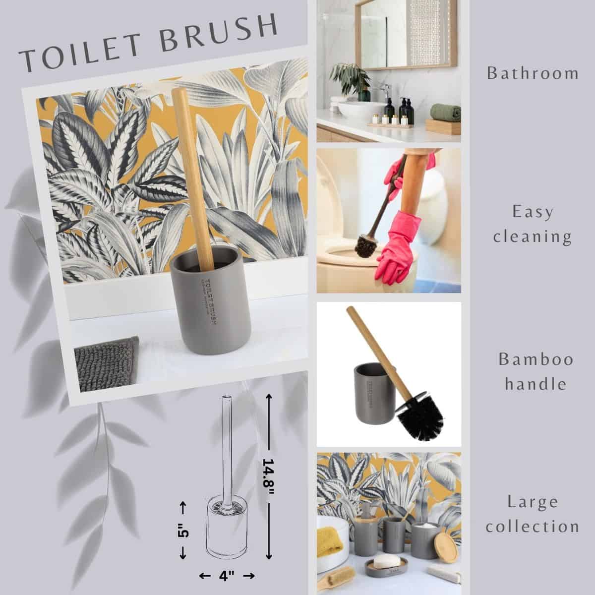 Evideco Modern Matte Gray Toilet Brush Set With Natural Bamboo Handle – Polyresin Bathroom Cleaning Accessory Toilet Seats & Accessories Toilet Brushes