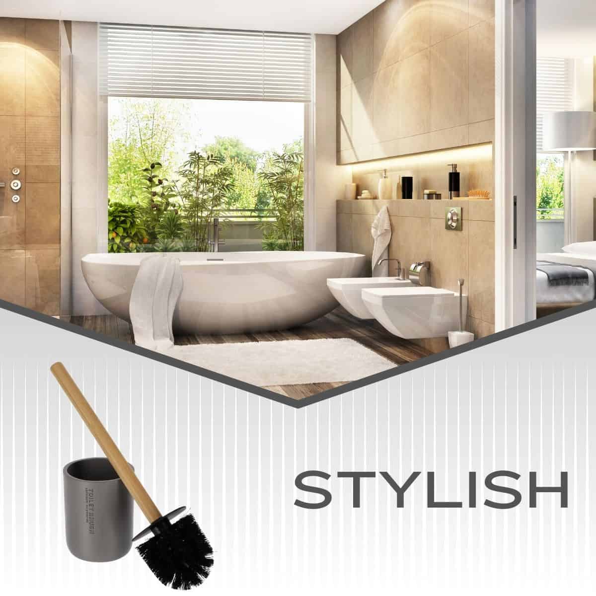 Evideco Modern Matte Gray Toilet Brush Set With Natural Bamboo Handle – Polyresin Bathroom Cleaning Accessory Toilet Seats & Accessories Toilet Brushes